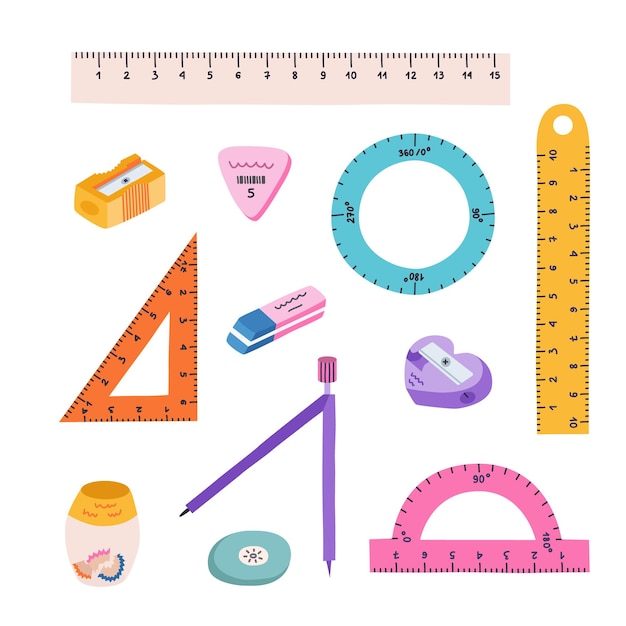 Lindo conjunto dibujado a mano de papelería de regreso a la escuela en estilo de dibujos animados Colección de Clipart de reglas de triángulo de círculo largo Protractor brújula borradores afiladores Suministro escolar para estudio y trabajo