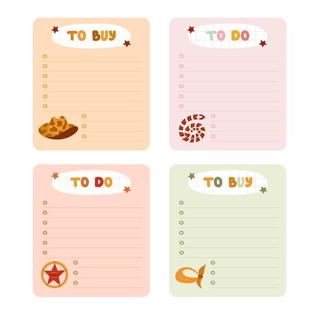 Lindo conjunto dibujado a mano con plantillas de cuadernos para hacer y comprar notas de lista con ilustraciones de vaqueros y occidentales Elementos de diario editables imprimibles para el calendario escolar del diario de viñetas del planificador semanal