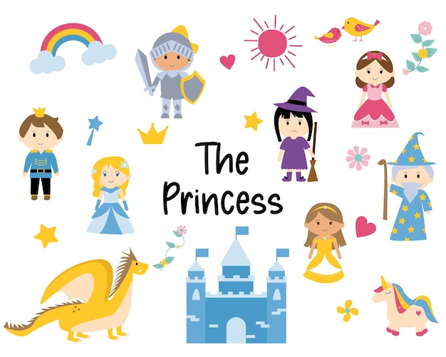 lindo conjunto de dibujos animados de princesa con elemento de imágenes prediseñadas de cuento de hadas para la decoración