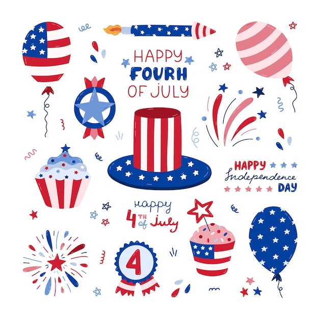 Lindo conjunto con dibujos animados símbolos patrióticos del día de la Independencia de los Estados Unidos Fuegos artificiales sombrero medalla del tío Sam pastel de taza globos letras de la bandera, etc. Logos nacionales dibujados a mano para el festival de celebración del 4 de julio