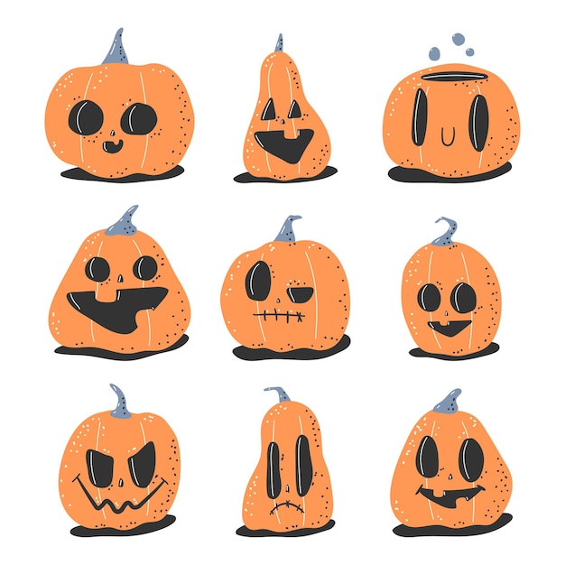 Lindo conjunto de dibujos animados de vector de caras de calabazas de Halloween aislado sobre fondo blanco.