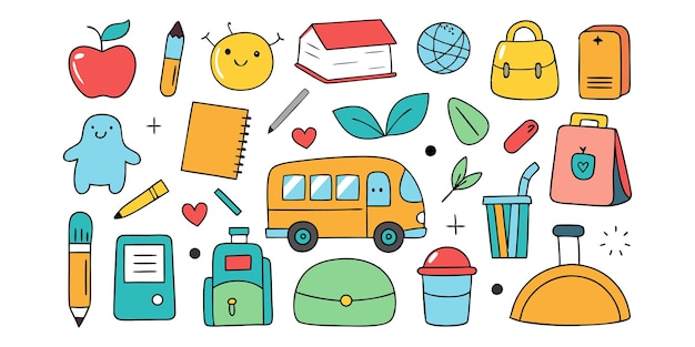Un lindo conjunto de dibujos dibujados a mano de elementos simples de Regreso a la escuela