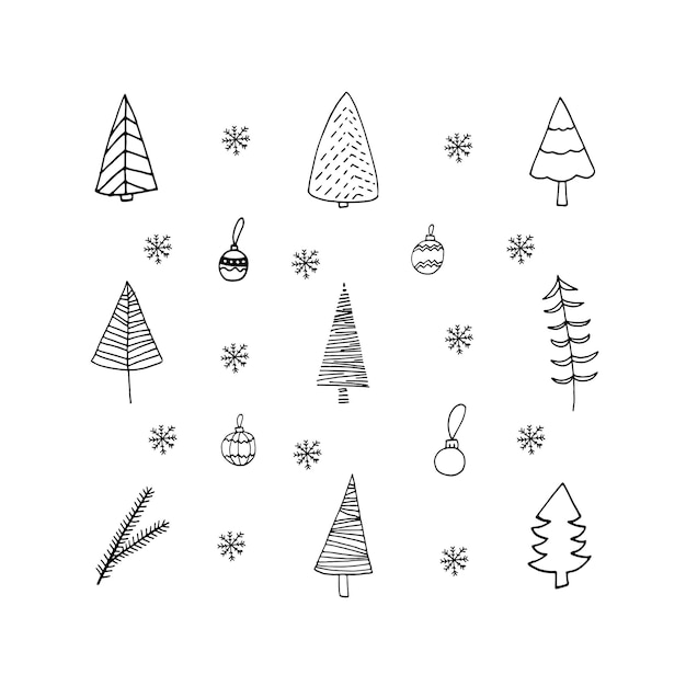 Lindo conjunto de doodle de iconos de bolas y copos de nieve de juguetes de árbol de navidad ilustración de vector dibujado a mano
