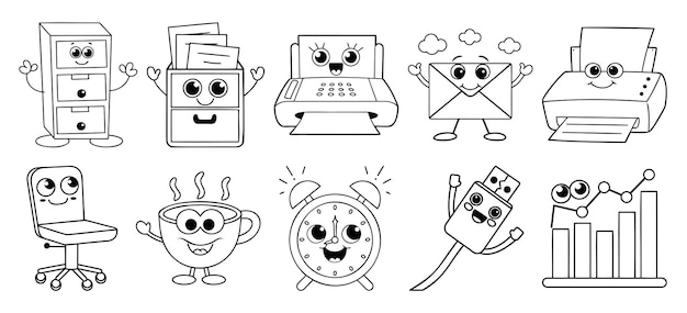 Un lindo conjunto de doodles de equipos de oficina con expresiones felices