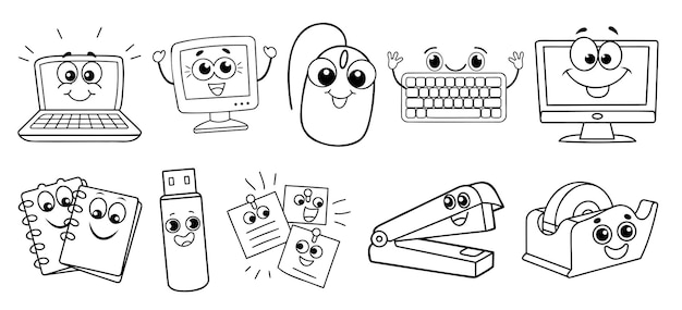 Lindo conjunto de doodles de oficina y computadora con accesorios sonrientes