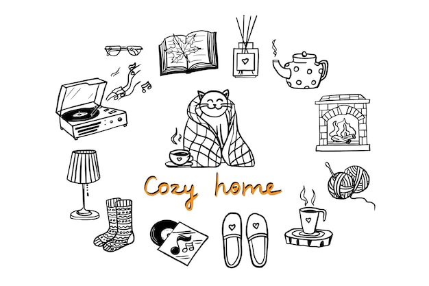 Lindo conjunto de elementos hogareños acogedores con letras Otoño acogedor Ilustración vectorial en estilo doodle