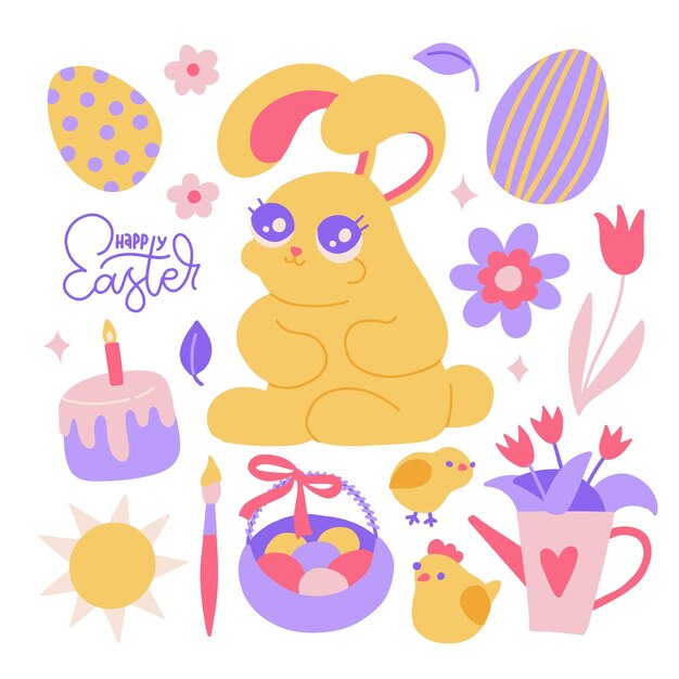 Vector lindo conjunto de elementos de pascua con huevos de conejo flores pollo vector plano ilustrado a mano para