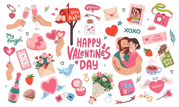 Un lindo conjunto de elementos románticos para el día de San Valentín, una pareja enamorada, abrazos, regalos de vacaciones, flores.