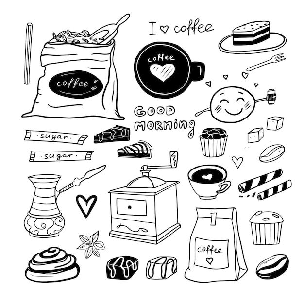 Un lindo conjunto de elementos temáticos de café dibujados a mano en estilo doodle Ilustración vectorial EPS10