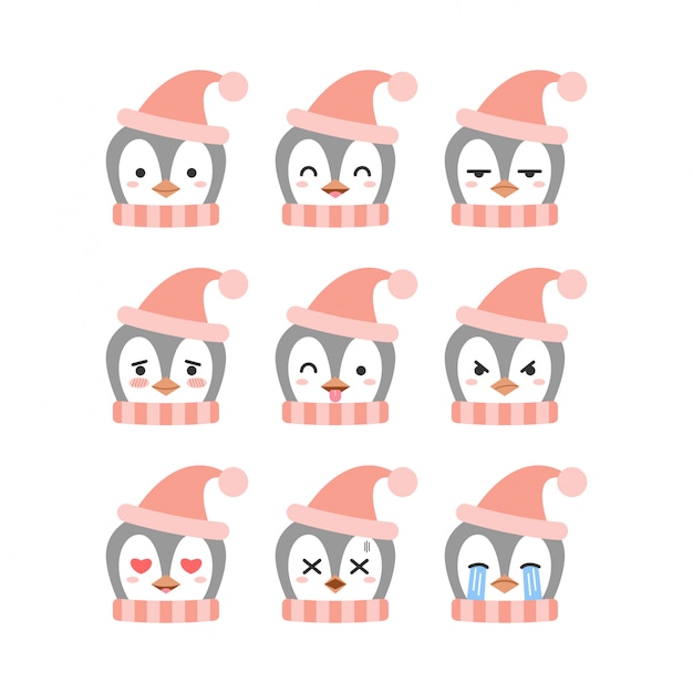 Lindo conjunto de emoticonos de pingüino