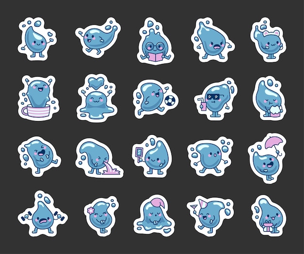 Un lindo conjunto de encantadores personajes de dibujos animados de gotas de agua