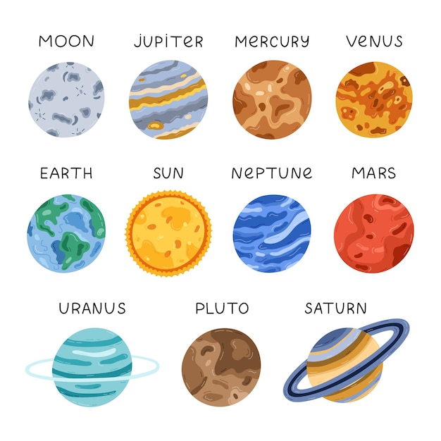 Lindo conjunto con estrellas infantiles planetas del Sistema Solar dibujo a mano con clipart de astronomía