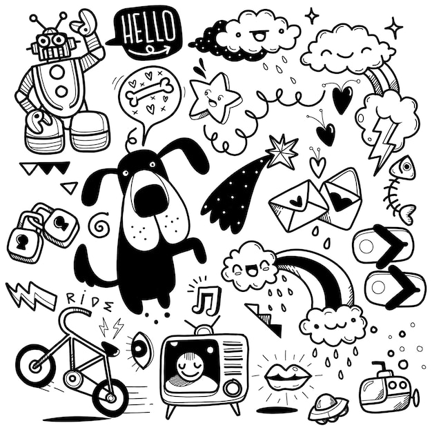 lindo conjunto de garabatos dibujados a mano amor cosa linda animales lindos y colección de diseño creativo ilustración