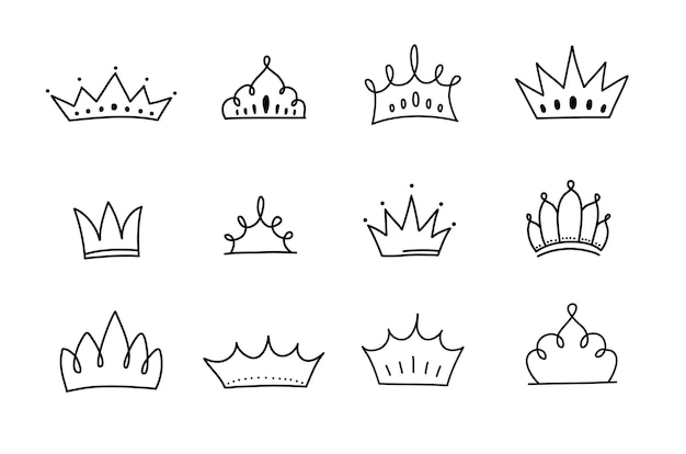 Lindo conjunto de garabatos de elementos de corona de princesa Ilustración de vector dibujado a mano