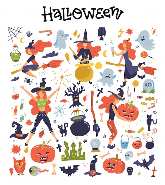 Lindo conjunto grande con ilustraciones e iconos de Halloween calabaza, fantasma, gato, murciélago, brujas jóvenes, imágenes prediseñadas de decoración.