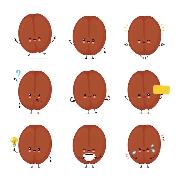 Lindo conjunto de granos de café feliz sonriente colección. Ilustración de personaje de dibujos animados plana. Aislado sobre fondo blanco. Concepto de paquete de caracteres de grano de café
