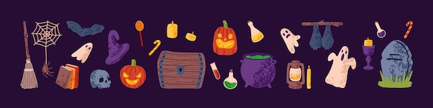 Lindo conjunto de halloween con caldero de escoba de araña de murciélago de noche de calabaza fantasma espeluznante y paquete de tumba para fiesta espeluznante de otoño en octubre ilustración de vector plano de color aislado sobre fondo blanco