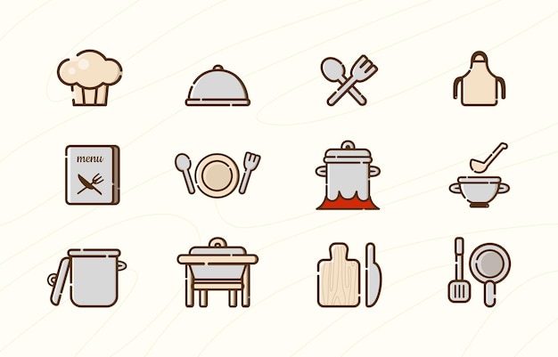 Lindo conjunto de iconos de catering con estilo de contorno