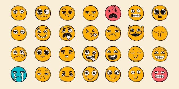 Un lindo conjunto de iconos dibujados a lápiz en papel caras sonrientes con efecto grunge dibujos dibujos caras lindas y