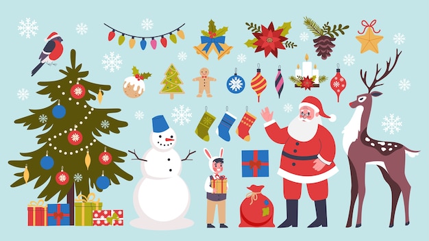 Lindo conjunto de iconos de navidad. colección de cosas de decoración de año nuevo con árbol, regalo y dulces. concepto de feliz navidad. santa claus en ropa roja. ilustración con estilo