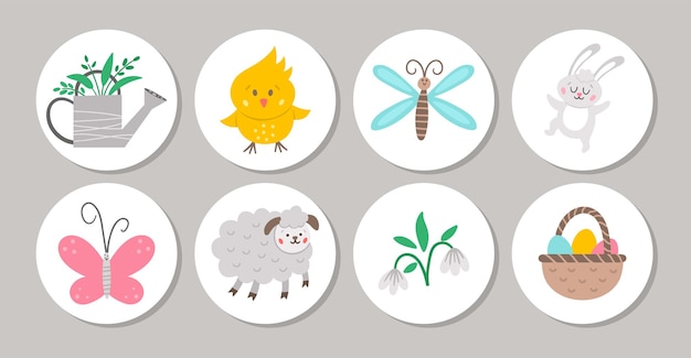 Vector lindo conjunto de iconos redondos de pascua resaltados o diseños de tarjetas con conejitos animales lindos regadera flores de mariposa diseño de pin o insignia de vacaciones de primavera vectorial aislado en fondo blanco xa