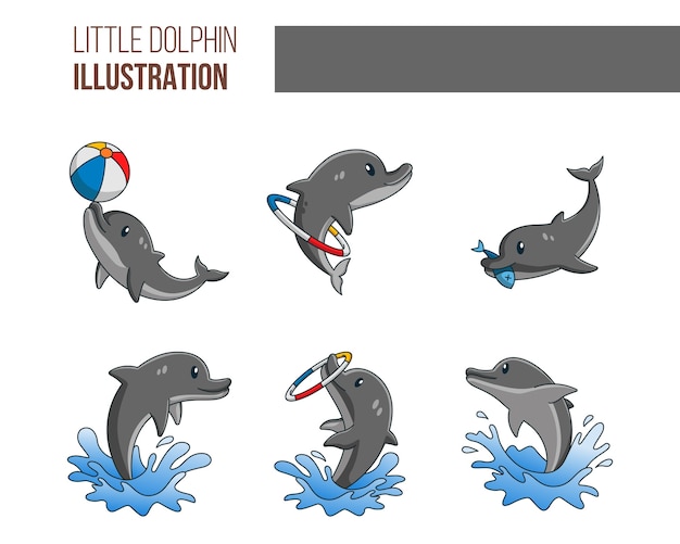 Vector lindo conjunto de ilustración de delfines pequeños