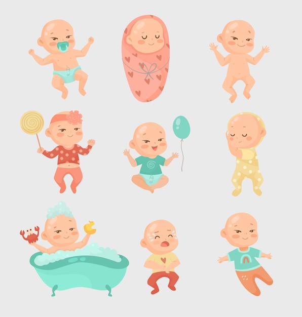 Vector lindo conjunto de ilustración de dibujos animados de bebé recién nacido. bebé feliz con chupete durmiendo, sonriendo, bañándose con juguetes, jugando con globos, llorando. infancia, desarrollo, concepto de expresión.