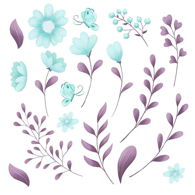 Lindo conjunto de ilustración de flores de primavera bosque