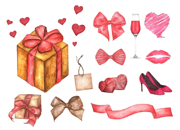 Lindo conjunto de ilustración romántica acuarela de elementos de diseño para el día de San Valentín.