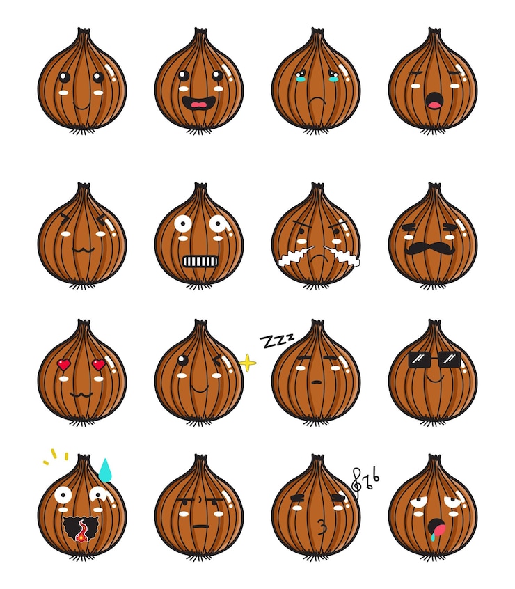 Vector un lindo conjunto de ilustraciones de cebollas de dibujos animados con varias expresiones para el proyecto de emoticones de elementos de diseño