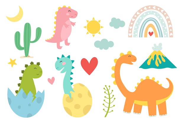 Vector lindo conjunto de imágenes prediseñadas de dinosaurios paquete de elementos vectoriales