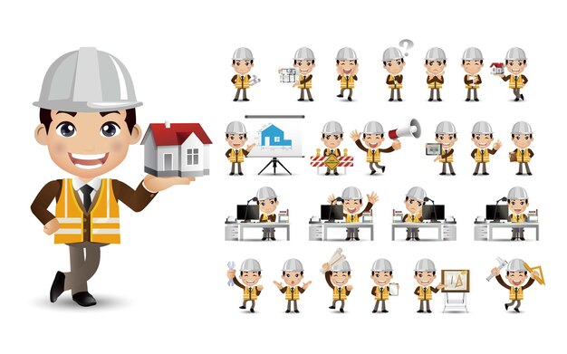Lindo conjunto de ingeniero con diferente emoción