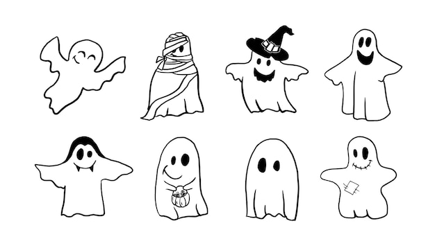Un lindo conjunto de lindo fantasma en estilo doodle clip de Halloween Ilustración vectorial divertida