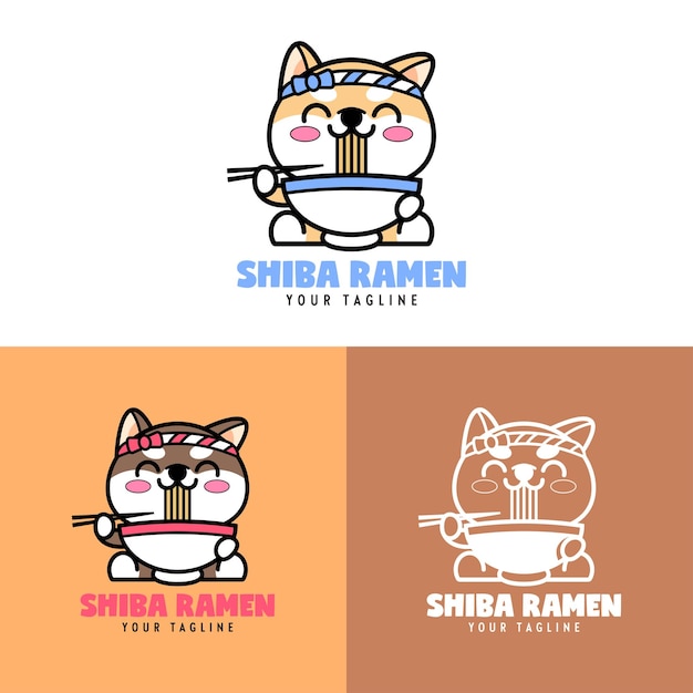 LINDO CONJUNTO DE LOGOTIPO DE DIBUJOS ANIMADOS DE SHIBA INU COMIENDO RAMEN