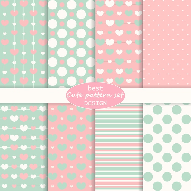 Lindo conjunto. Lunares, rayas, patrón de corazones. Estilo retro. Colores pastel.