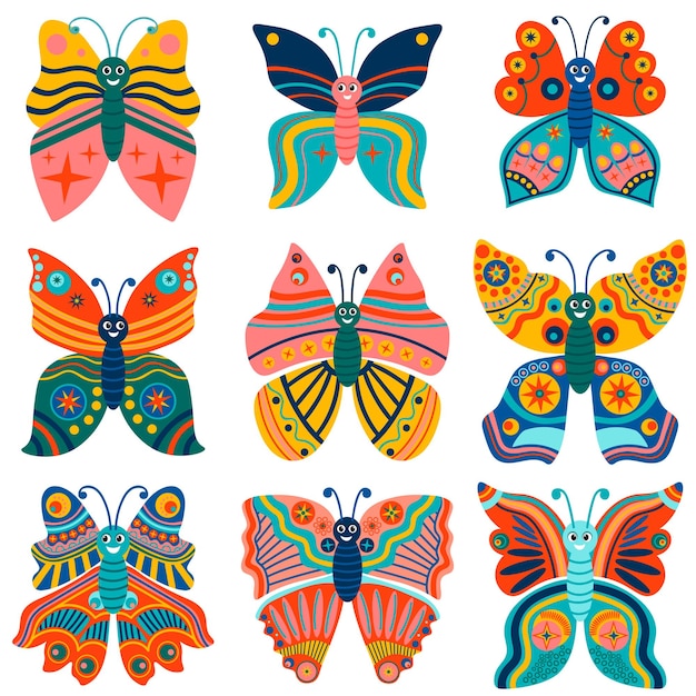 Un lindo conjunto de mariposas ornamentales brillantes y divertidas aisladas sobre un fondo blanco