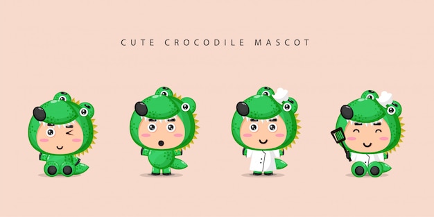 Vector lindo conjunto de mascota de cocodrilo