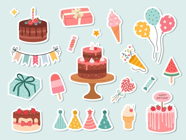 Un lindo conjunto de pegatinas de cumpleaños.