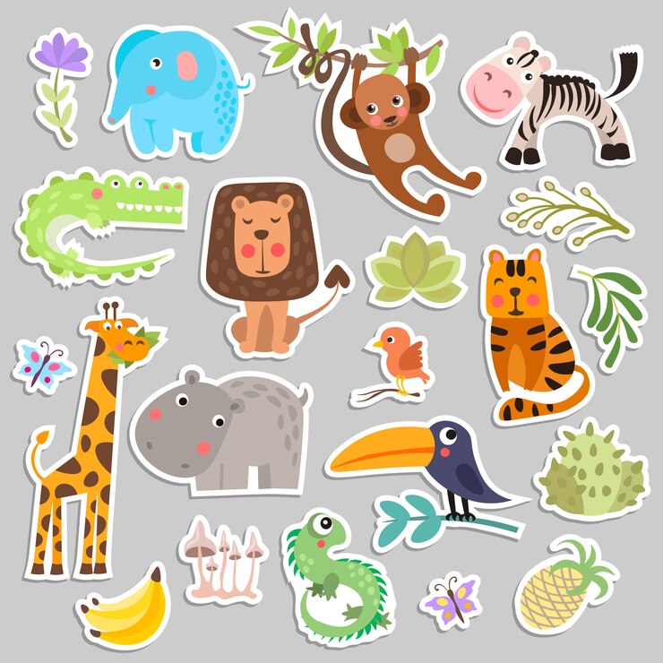 Lindo conjunto de pegatinas de dibujos animados divertidos de sabana y safari de animales y flores.