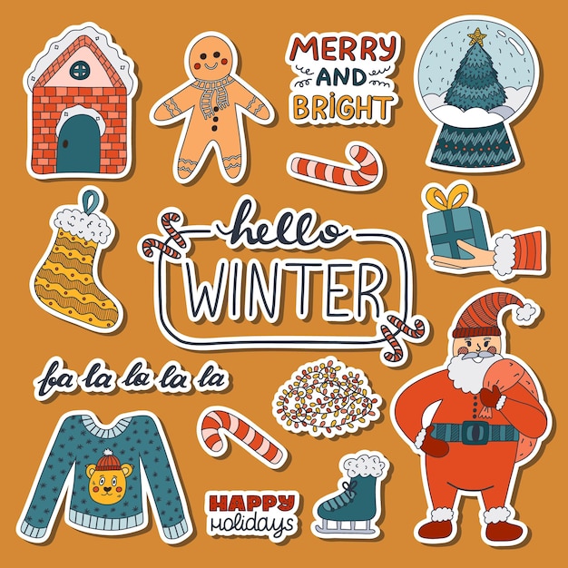 El lindo conjunto de pegatinas Hello Winter y Xmas para planificadores, cuadernos con dibujos de contorno coloridos