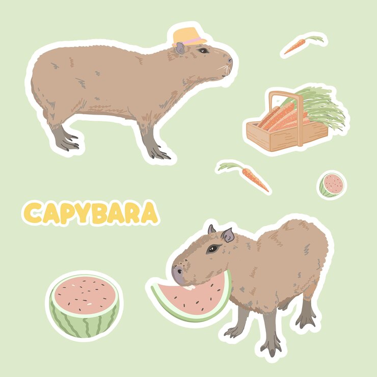 Vector lindo conjunto de pegatinas ilustraciones vectoriales de capibaras disfrutando de la vida carpincho granjero