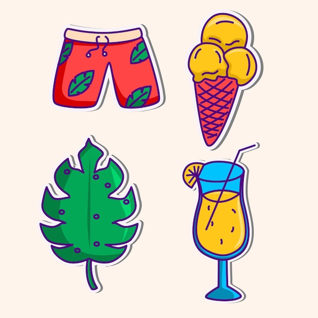 Lindo conjunto de pegatinas de verano colección de pegatinas de vacaciones tropicales lindo paquete de iconos de doodle de vacaciones de verano