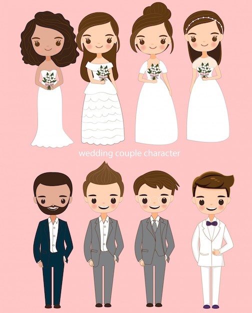 Lindo conjunto de personajes de dibujos animados de novios