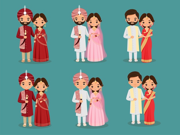 Lindo conjunto de personajes de dibujos animados de pareja de boda india