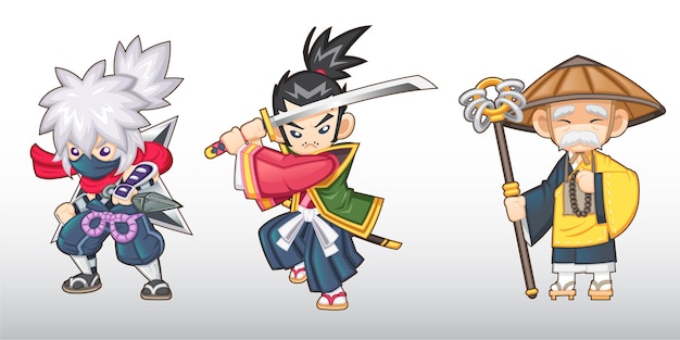 Lindo conjunto de personajes japoneses de fantasía [ninja, samurai, monk]