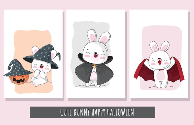Lindo conjunto plano de conejito feliz ilustración de personaje de halloween para niños