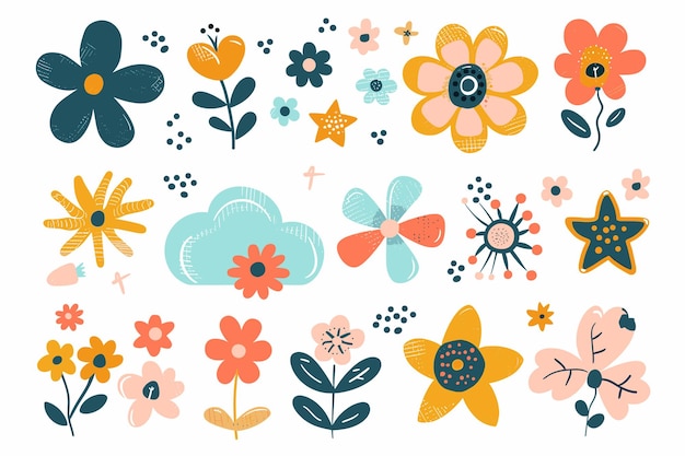 Un lindo conjunto de plantas y flores sobre un fondo blanco dibujado a mano en estilo doodle