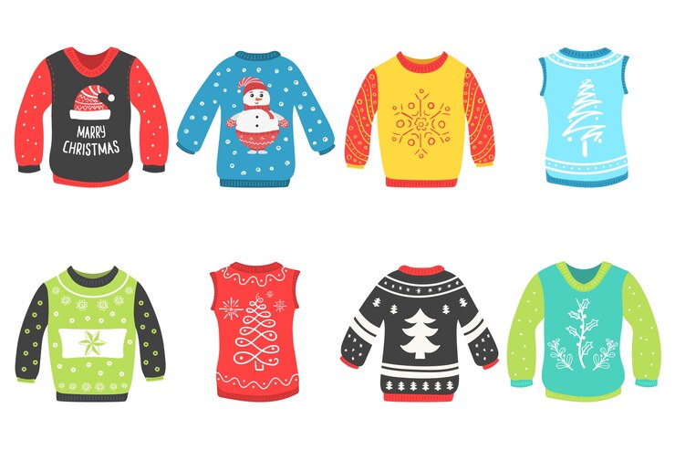 Vector lindo conjunto de suéter de navidad sobre un fondo blanco.