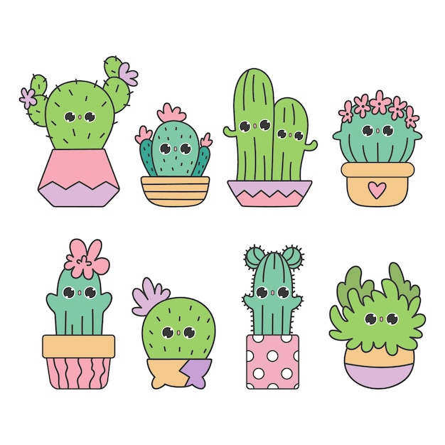 Lindo conjunto de vectores de kawaii garabatos cactus en macetas bebé cactus niños ilustración en estilo de dibujos animados suculentas jardinería homeplants aislado en blanco