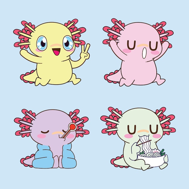 Lindo conjunto de vectores de pegatinas de axolotl